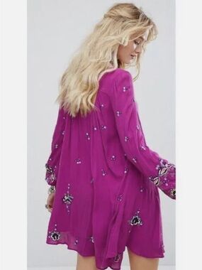 Free People Oxford Embroidered Long Sleeve Mini Dress in Lilac